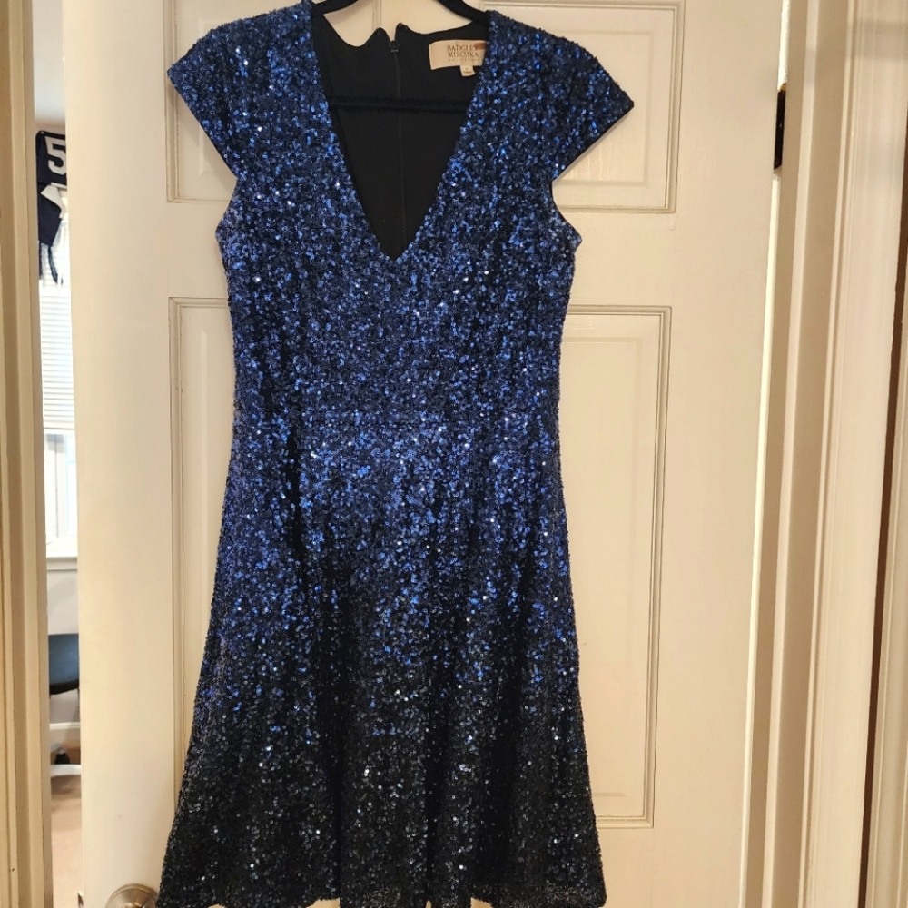 Badgley Mischka Blue Sequin Cocktail Sress